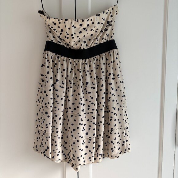 THEORY 100% Silk Cream with Black Dots Strapless Ruffle Minidress, Size 2 - Picture 1 of 4